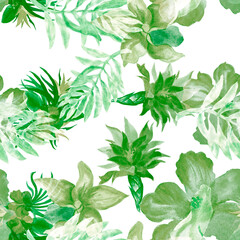 Green Watercolor Texture. Greenery Flower Foliage. Natural Seamless Decor. Pattern Design. Tropical Decor. Isolated Background. Fashion Textile.Art Design.