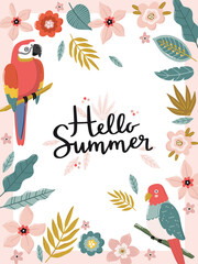 Cute tropical print with cartoon elements and trendy typography. Hand drawn vector illustrations and lettering.