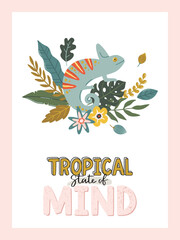 Tropical print with lovely typography and cute illustration. Hand drawn vector lettering with elements.