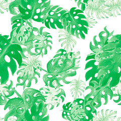 Fototapeta na wymiar Organic Monstera Illustration. Green Seamless Painting. Pattern Backdrop. Watercolor Print. Tropical Plant. Floral Leaf. Summer Monstera. Botanical Texture.