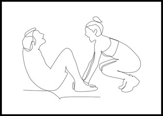 A couple man and woman exercising workout aerobic fitness posture full length isolated on white background - continuous one line drawing