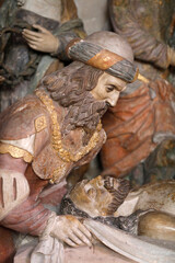 Restored 16th-century Entombment group of statues in Notre Dame collegiate church, Poissy, France (detail)