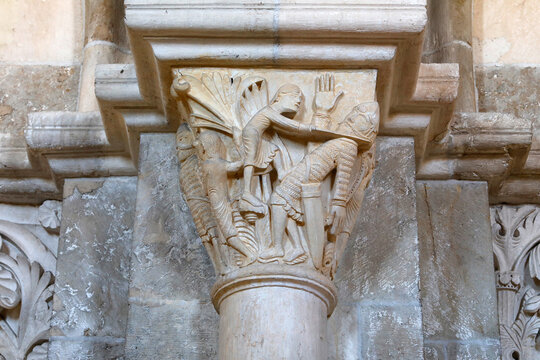 Saint Mary Magdalene basilica, Vezelay, France. Capital depicting David killing Goliath