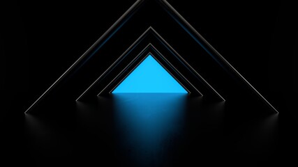 minimalistic tunnel triangular dark blue floor reflections glow geometry perspective depth 3d render