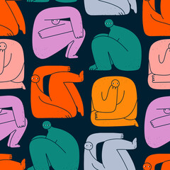 Fototapeta premium Various strange creatures or people or persons with long arms and small heads. Cute disproportionate characters in different poses. Hand drawn Vector illustration. Square seamless Pattern