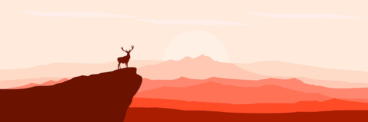 simple minimalist flat design a deer in the top of mountain  for web banner, blog banner, wallpaper, background template, adventure design, tourism poster design, backdrop design