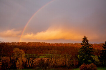 Winter landscape with rainbow. Eure, France.
