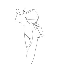 Nude woman with glass of wine in hand, one line drawing on white isolated background. Vector illustration
