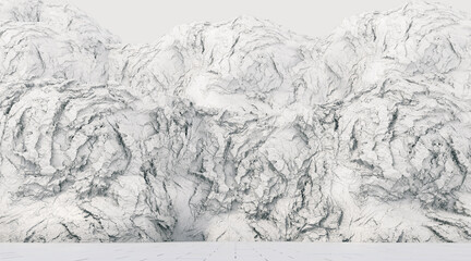 Abstract White Rock Background with Empty Stage, Dark Stone Cliff Face, 3D Rendering.