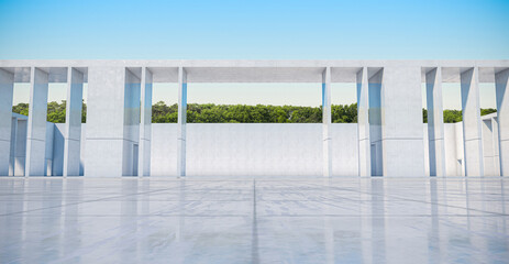 Abstract background of Empty concrete wall and floor with trees, Modern sunlight and blue Sky Scene, 3d rendering.