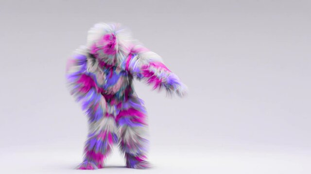 Hairy 3d cartoon, fun hip hop and samba dance, furious beast having fun, mascot looping animation, harmonious minimal modern movement design, fluffy monster, 3d render