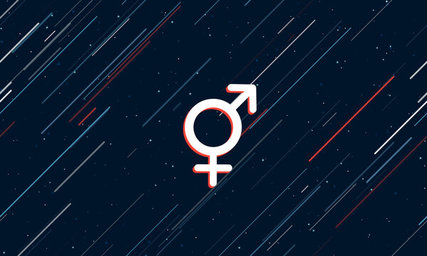 Large white bigender symbol framed in red in the center. The effect of flying through the stars. Vector illustration on a dark blue background with stars and slanted lines
