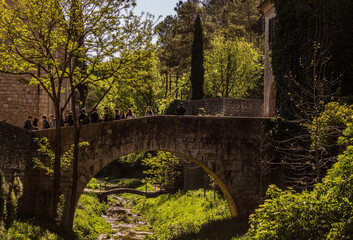 Stone bridge in the Sant Pere de Galligants - Benedictine abbey in Girona, Catalonia