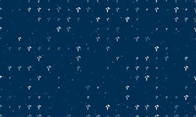 Naklejka na ściany i meble Seamless background pattern of evenly spaced white palm trees symbols of different sizes and opacity. Vector illustration on dark blue background with stars