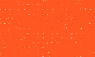 Seamless background pattern of evenly spaced white yes symbols of different sizes and opacity. Vector illustration on deep orange background with stars