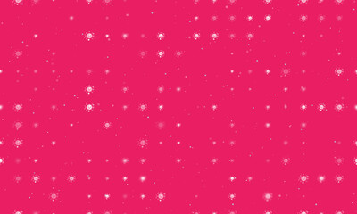 Seamless background pattern of evenly spaced white cosmic symbols of different sizes and opacity. Vector illustration on pink background with stars