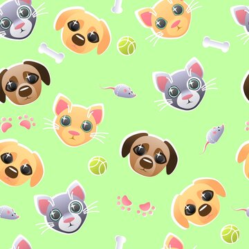 pets seamless pattern with cats dogs mouse bone ball and paws vector