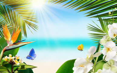 Fototapeta na wymiar Tropical sandy beach with blurred sea tropical palm leaves, plants, flowers and butterflies