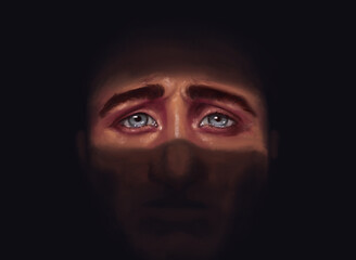 Art illustration of depression and anxiety. Suffering and pain on the man's face. A gaze from the dark, a streak of light illuminating the suffering eyes