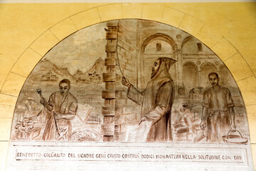 San Pietro di Sorres basilica, Sardinia, Italy. Fresco depicting the life of Saint Benedict in the cloister.