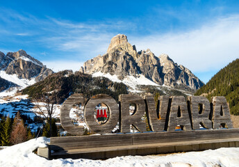 Ski Resort of Corvara on a sunny day, Alta Badia, Dolomites Alps, Italy - obrazy, fototapety, plakaty
