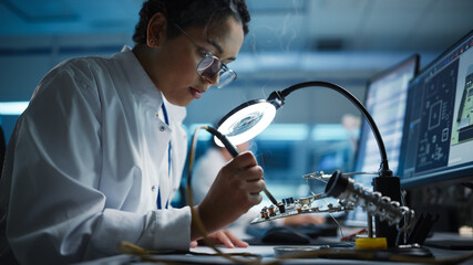 Modern Electronics Facility: Beautiful Black Female Scientist, Engineer Does Printed Curcuit...