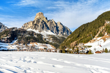 Ski Resort of Corvara on a sunny day, Alta Badia, Dolomites Alps, Italy