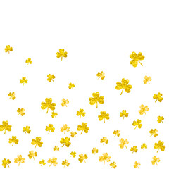 Shamrock background for Saint Patricks Day. Lucky trefoil confetti. Glitter frame of clover leaves.. Template for poster, gift certificate, banner. Irish shamrock background.