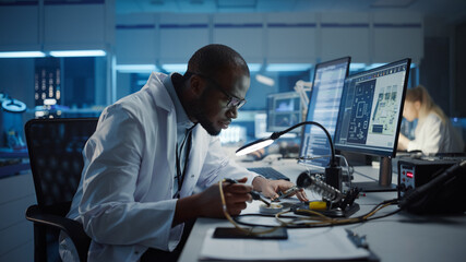Modern Electronics Research, Development Facility: Black Male Engineer Does Computer Motherboard...