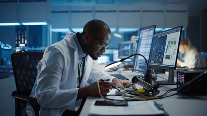 Modern Electronics Research, Development Facility: Black Male Engineer Does Computer Motherboard Soldering. Scientists Design PCB, Silicon Microchips, Semiconductors. Medium Closeup Shot