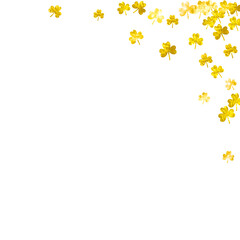 St patricks day background with shamrock. Lucky trefoil confetti. Glitter frame of clover leaves. Template for special business offer, banner, flyer. Decorative st patricks day backdrop.