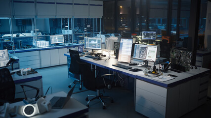 Empty Modern Electronics Research Facility, High-Tech Robotics Technology Development Laboratory...