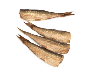 Smoked european sprats isolated on a white