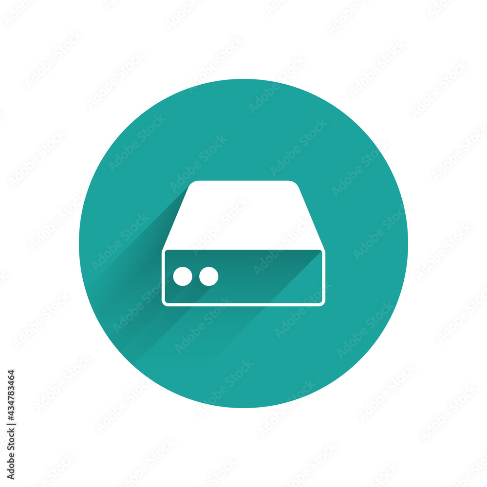 Poster white server, data, web hosting icon isolated with long shadow background. green circle button. vect