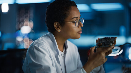 Modern Electronics Research and Development Facility: Beautiful Black Female Engineer Inspects...