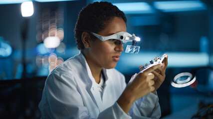 Modern Electronics Research and Development Facility: Beautiful Black Female Engineer Inspects...