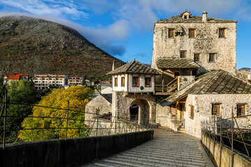 Buildings over Mostar bridge, Herzegovina, Bosnia & Herzegovina.