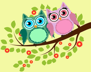 Fototapeta premium Bright cute cartoon owls sit on the flowering branches of fantastic trees.