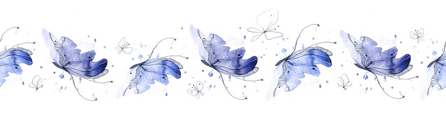 A seamless pattern with watercolor butterflies. Hand painted tape illustration isolated on white background - 434784437