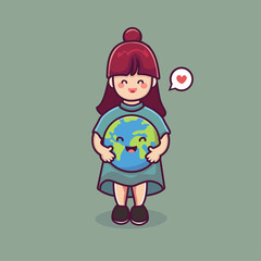 cute girl cartoon hold planet earth