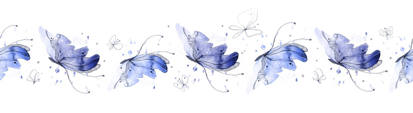 A seamless pattern with watercolor butterflies. Hand painted tape illustration isolated on white background