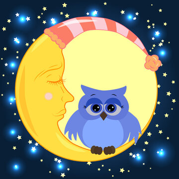 A lovely cartoon owl with sad eyes sits on a drowsy crescent moon against the background of the night sky with stars