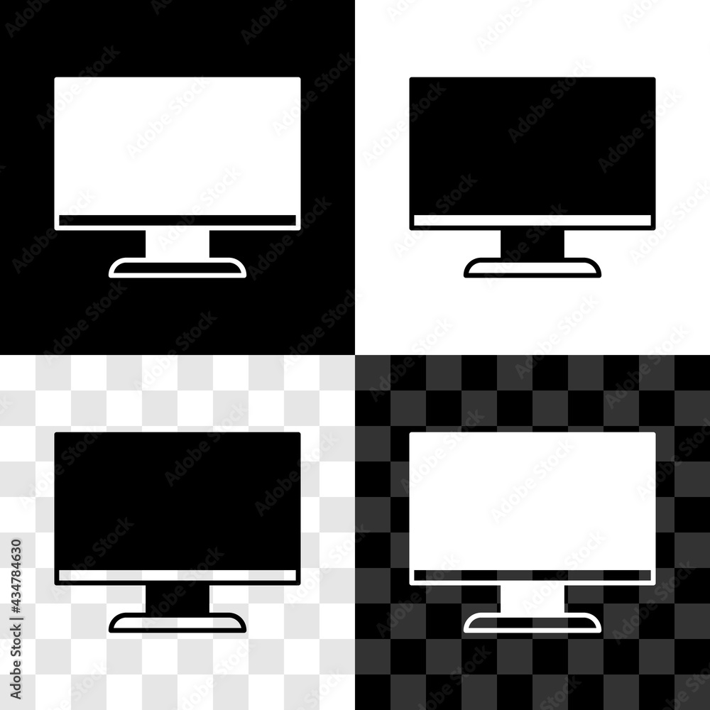 Poster set computer monitor screen icon isolated on black and white, transparent background. electronic dev