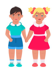 Boy and girl holding hands. Children's illustration on the theme of friendship, unity, peace between peoples, love between brothers and sisters. Flat. Vector. Cartoon style. Collage for web design.