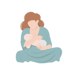 Mother feeding a baby. Breastfeeding illustration, woman in  dress and child. Isolated on white background.