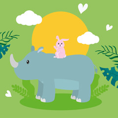Obraz na płótnie Canvas rabbit on rhino cartoon