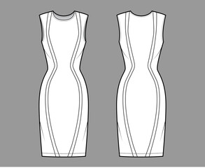 Dress panel technical fashion illustration with hourglass silhouette, sleeveless, fitted body, knee length pencil skirt. Flat apparel front, back, white color style. Women, men unisex CAD mockup