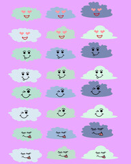 Lovely cute clouds, kawaii style. Set of Emoticons, Emoji. Smile icons. Isolated illustration