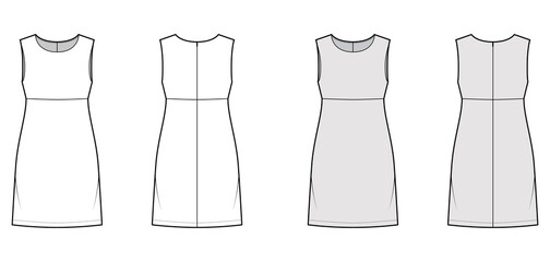 Naklejka premium Dress empire line technical fashion illustration with sleeveless, oversized body, knee length A-line skirt. Flat apparel front, back, white, grey color style. Women, men unisex CAD mockup