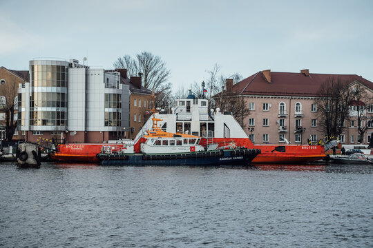 Vistula car ferry on the dock. Baltiysk, Russia
